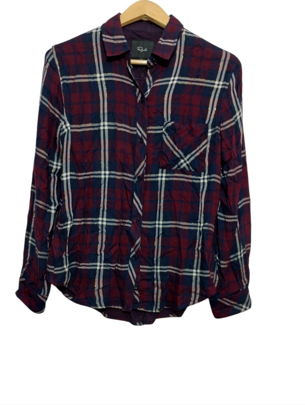 Rails Gemini Cranberry Plaid Honey Lurex Button Front Shirt Womens S Blouse Top